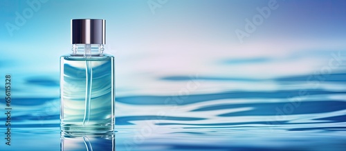 Advertising medical skincare for anti aging moisturizing and cleansing using a glass serum bottle of collagen on a blue water background photo