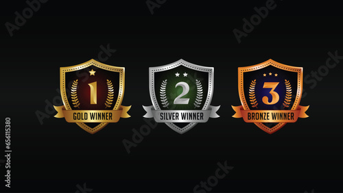 1st 2nd 3rd Winner badge guarantee. Honoring the Best with Gold, Silver, and Bronze Award Emblems. Vector Illustration.