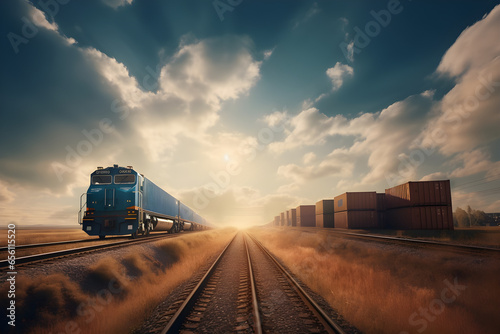 Freight cargo train on the background of blue sky with clouds. Freight transportation, heavy industry, construction site concept.