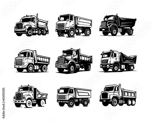 A set collection of dump truck vector illustrations