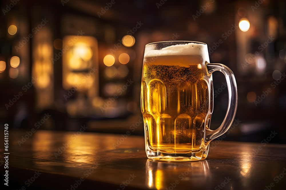 Glass of beer on a bar counter in a pub or restaurant, Oktoberfest celebration, international beer day concept