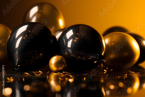 Golden christmas balls on black background with copyspace, for banner background