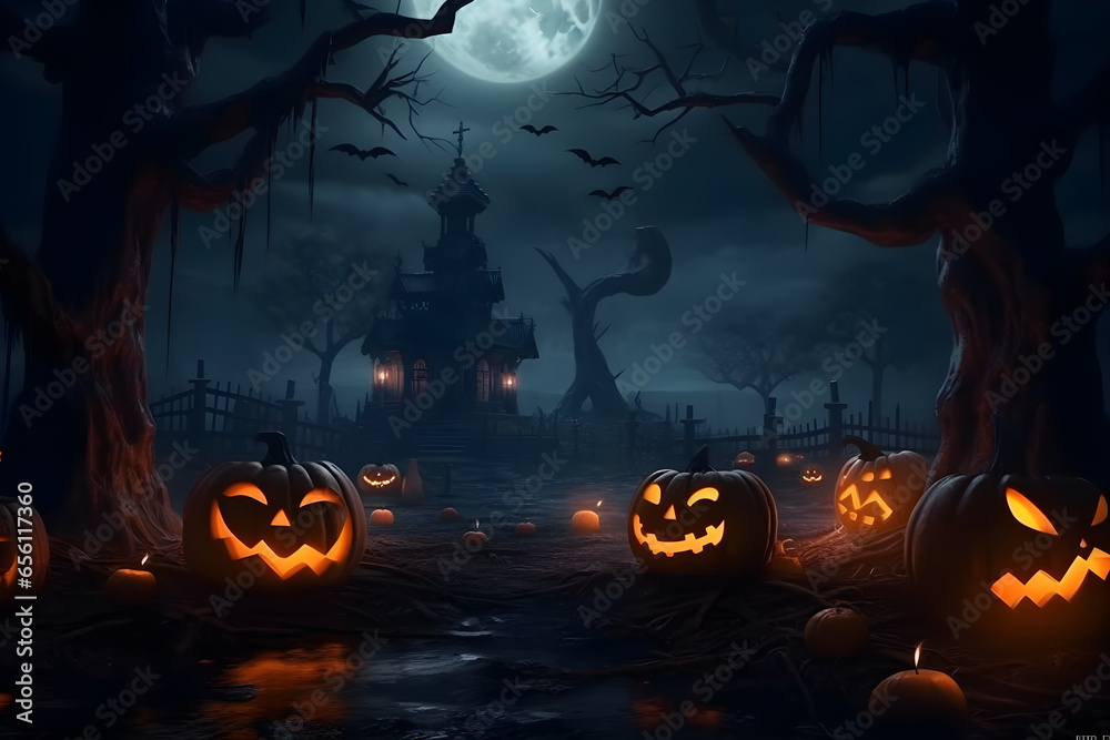 Fototapeta premium Halloween background with pumpkins and dead trees in dark spooky forest with copyspace. 3d rendering