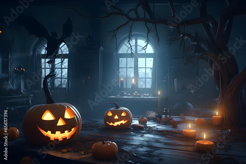 Halloween background with pumpkins and dead trees in dark spooky forest with copyspace. 3d rendering