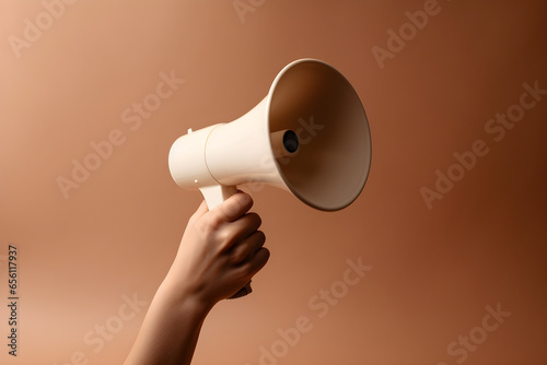 Hand holding megaphone isolated on brown background with copyspace. Advertisement mock up, clip art, announcement and communication creative banner background concept