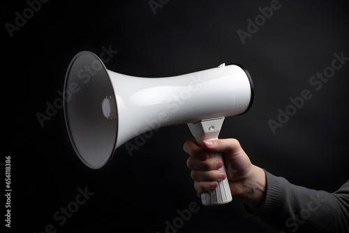Hand holding megaphone isolated on grey background with copyspace. Advertisement mock up, clip art, announcement and communication creative banner background concept