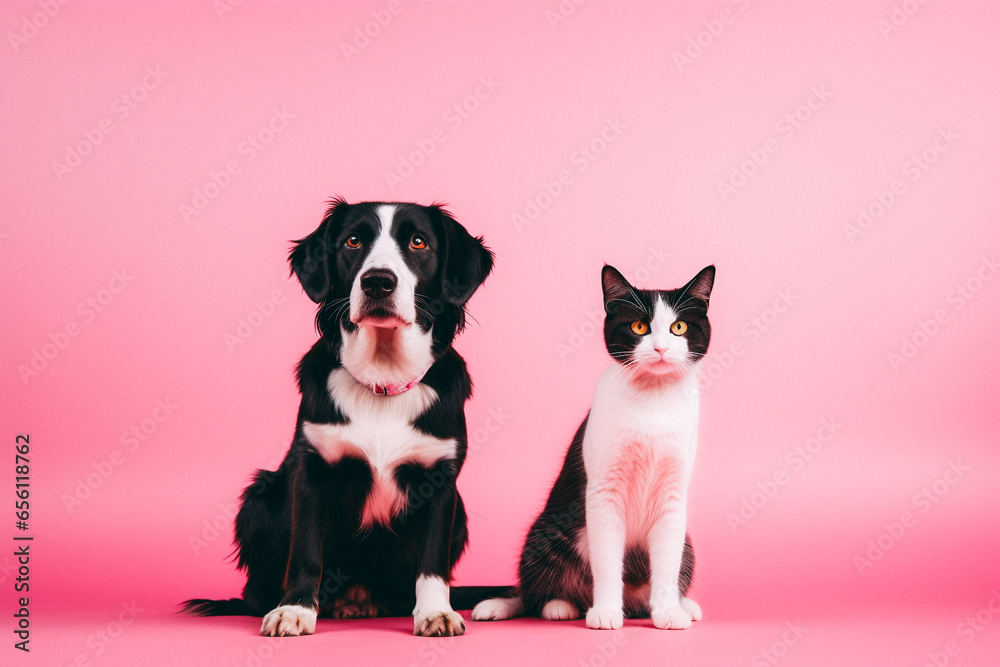 Dog and cat sitting for photo isolated on pink studio background