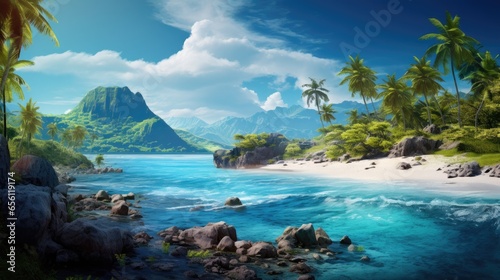 a beach with palm trees and rocks photo