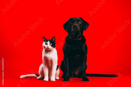 Dog and cat sitting for photo isolated on red studio background