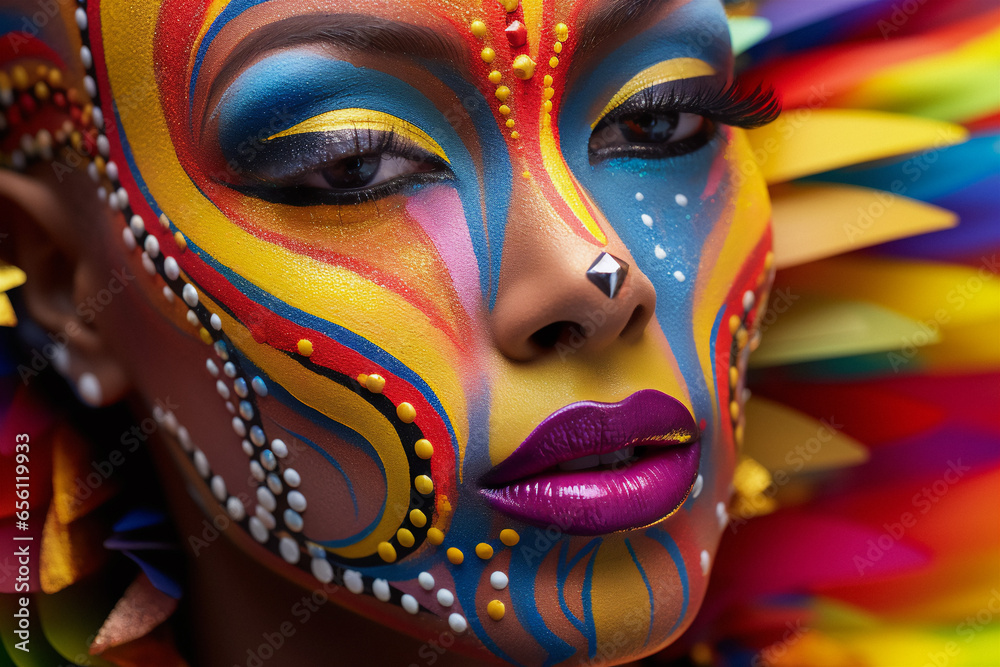 Face of beautiful woman painted in lgbt rainbow colours, art face, lgbtq concept.