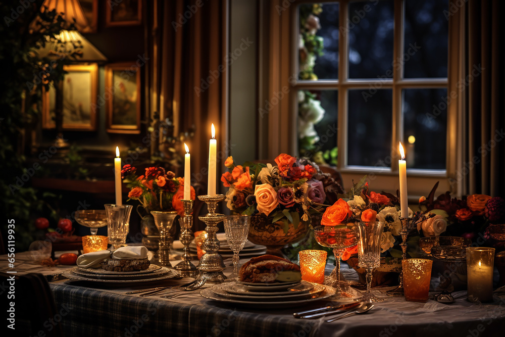 Cozy Thanksgiving Dinner Table with Candlelight Ambiance | Festive Decor, Family Gathering, Seasonal Celebration | Created with generative AI tools
