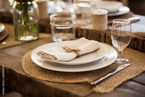 Cozy Farmhouse Table Setting with Wooden Chargers, Burlap Napkin Rings, Mason Jar Glasses - Rustic Dining Decor - Created with Generative AI Tools