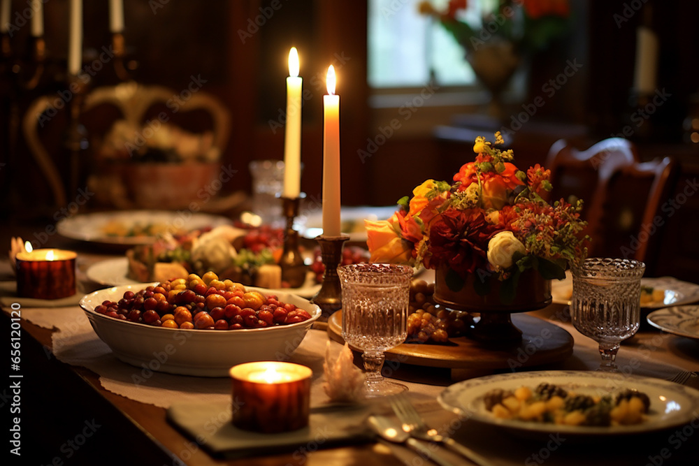 Cozy Thanksgiving Dinner Table with Candlelight Ambiance | Festive Decor, Family Gathering, Seasonal Celebration | Created with generative AI tools