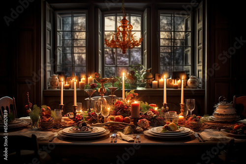 Cozy Thanksgiving Dinner Table with Candlelight Ambiance   Festive Decor  Family Gathering  Seasonal Celebration   Created with generative AI tools