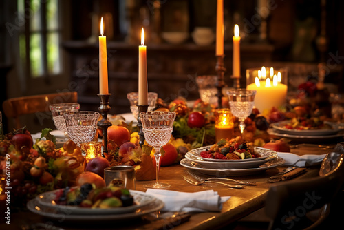 Cozy Thanksgiving Dinner Table with Candlelight Ambiance   Festive Decor, Family Gathering, Seasonal Celebration   Created with generative AI tools © ThePixelCraft