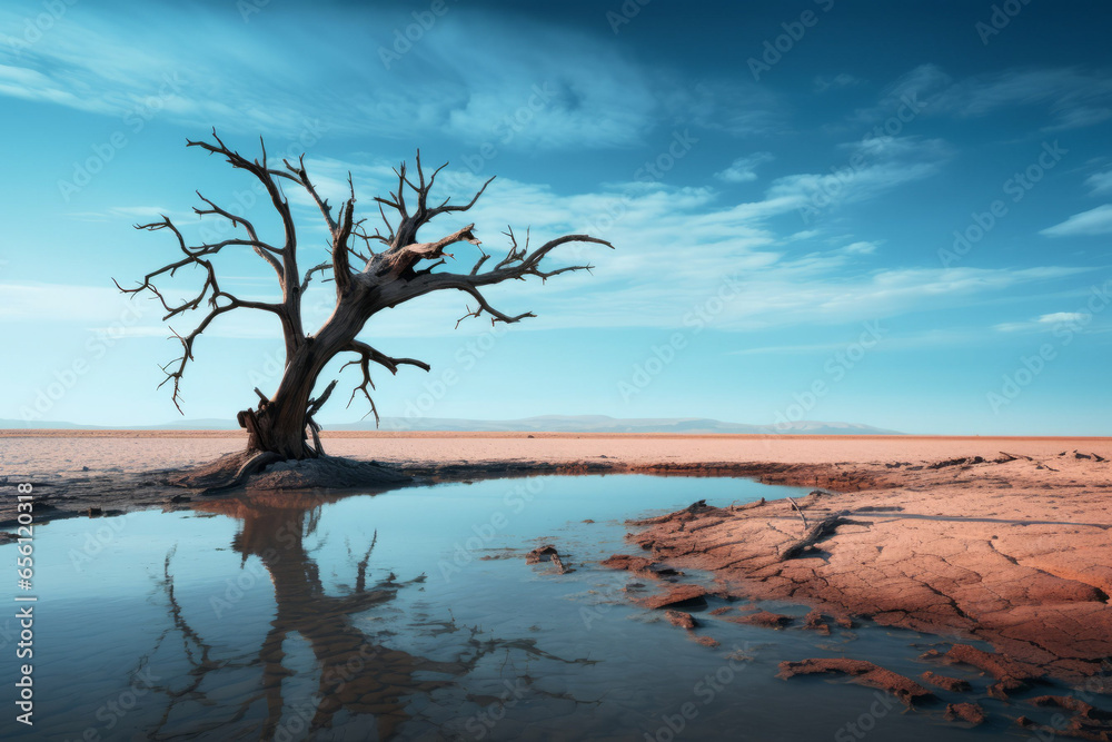 Photorealistic ai artwork of a dead tree in the desert being reflected in water. Generative ai.