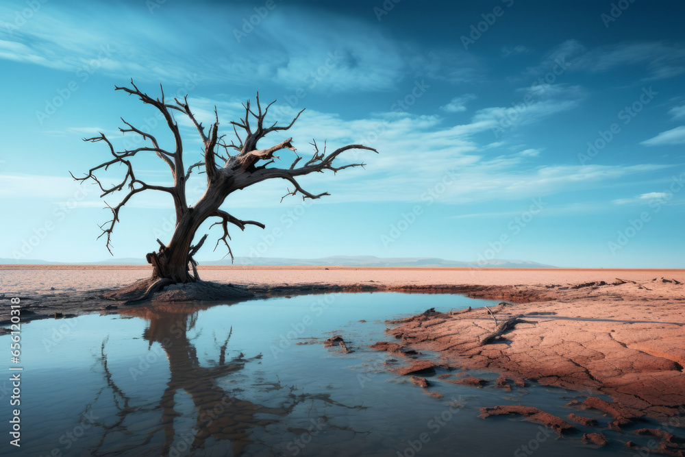 Photorealistic ai artwork of a dead tree in the desert being reflected in water. Generative ai. Photorealistic ai artwork of a dead tree in the desert being reflected in water. Generative ai.