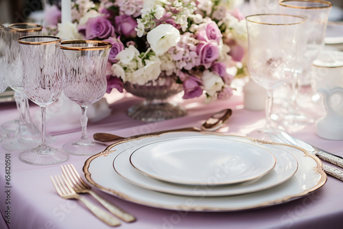 Formal Wedding Reception Table Setting with Elegant Floral Centerpieces, Personalized Place Cards, Intricate Tableware for Special Occasion, Created with Generative AI Tools