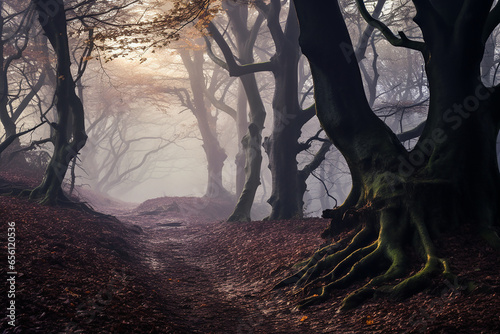 Misty Autumn Forest Morning with Soft Light Filtering Through Trees - Moody Landscape Photography Created with Generative AI Tools