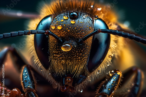 Macro photo of a bee with a blurred background, Close up, macro lens photography photo