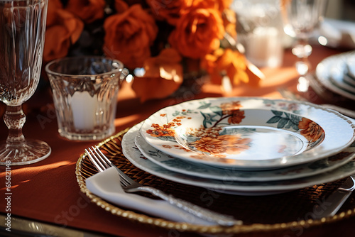 Thanksgiving Dinner Table Setting with Charger Plate, Fine China, Silverware, Crystal Glasses, Folded Napkins, Generative AI Tools