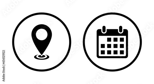 Location and calendar icon vector in circle line. Map pin and schedule date sign symbol