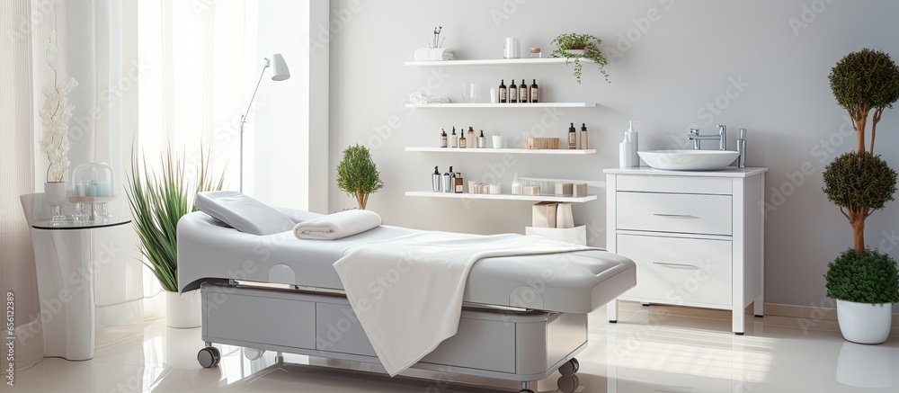 Modern methods for relaxing and caring for the skin using a body treatment machine in a white room with a cabinet found in cosmetology centers beauty clinics and salons - obrazy, fototapety, plakaty 