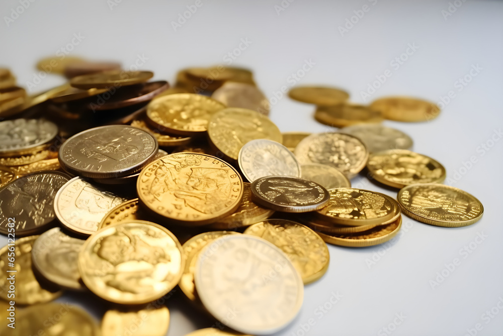 Pile of gold coins isolated on white background. Close up, 3d rendering, Large cast investment gold ingot, Business and finance concept idea Pile of gold coins isolated on white background. Close up, 3d rendering, Large cast investment gold ingot, Business and finance concept idea