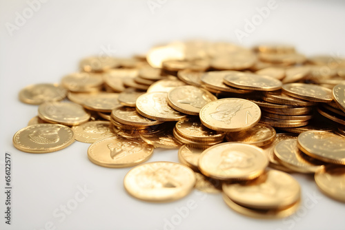 Pile of gold coins isolated on white background. Close up, 3d rendering, Large cast investment gold ingot, Business and finance concept idea photo