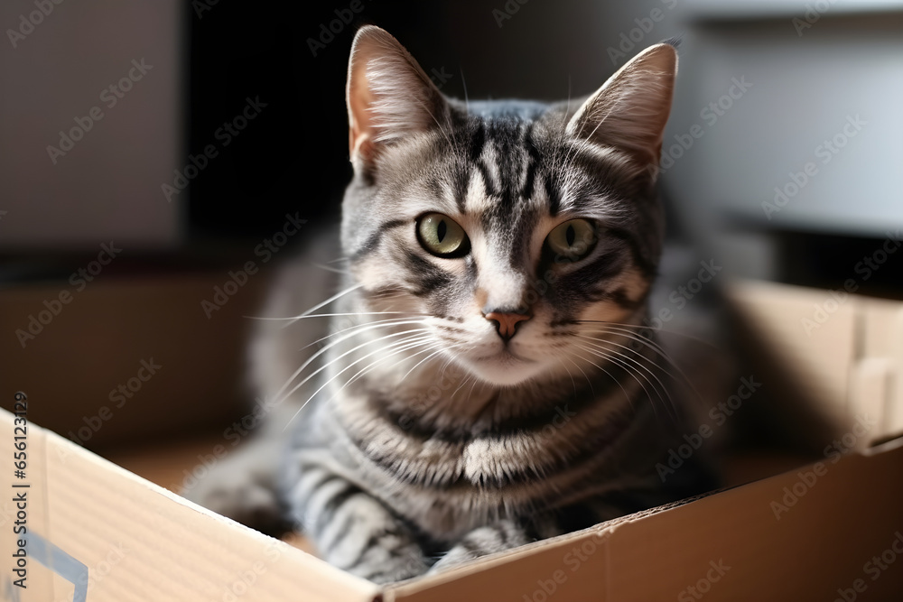 Portrait Cute tabby cat lying on cardboard box on the floor at home, Zero waste for animals, Eco friendly pet home, animals concept, close up portrait, Adopt me concept