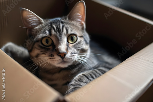 Portrait Cute tabby cat lying on cardboard box on the floor at home, Zero waste for animals, Eco friendly pet home, animals concept, close up portrait, Adopt me concept