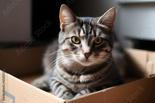 Portrait Cute tabby cat lying on cardboard box on the floor at home, Zero waste for animals, Eco friendly pet home, animals concept, close up portrait, Adopt me concept