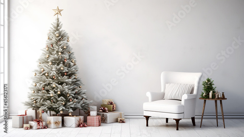 Christmas tree in a cozy room with gift boxes