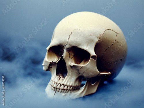 A human or ape skull surrounded by smoke or fog. Halloween horror. The theme of war, history, the perishability of the body and temporary eternity. Gloomy scary background. Generated by AI. Occultism