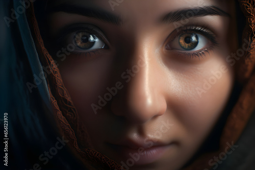 Portrait of a beautiful young girl with blue eyes in hijab, Stylish portrait, traditional islamic cloth