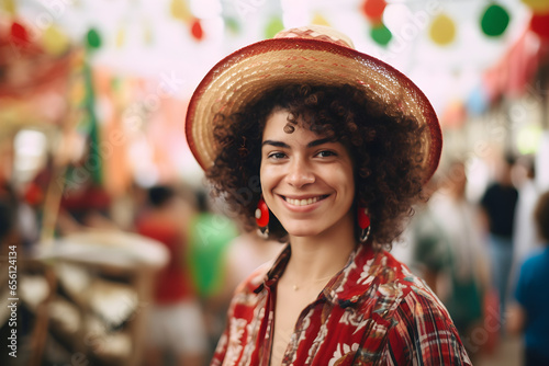 Portrait of a beautiful young woman with afro hairstyle wearing a straw hats looking at camera with blur background in the city. festa junina, festival concept