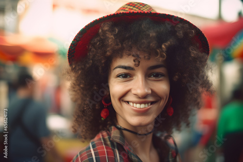 Portrait of a beautiful young woman with afro hairstyle wearing a straw hats looking at camera with blur background in the city. festa junina, festival concept photo