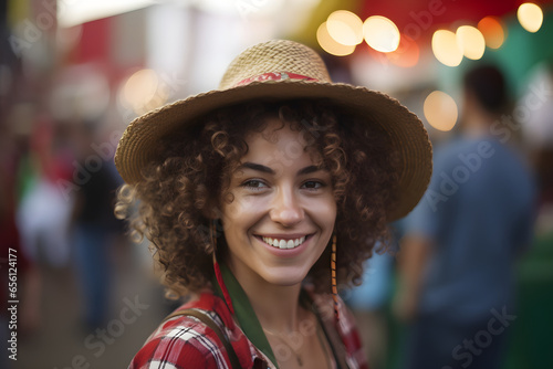 Portrait of a beautiful young woman with afro hairstyle wearing a straw hats looking at camera with blur background in the city. festa junina, festival concept photo