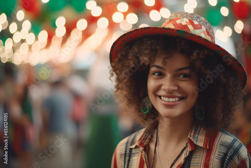Portrait of a beautiful young woman with afro hairstyle wearing a straw hats looking at camera with blur background in the city. festa junina, festival concept photo