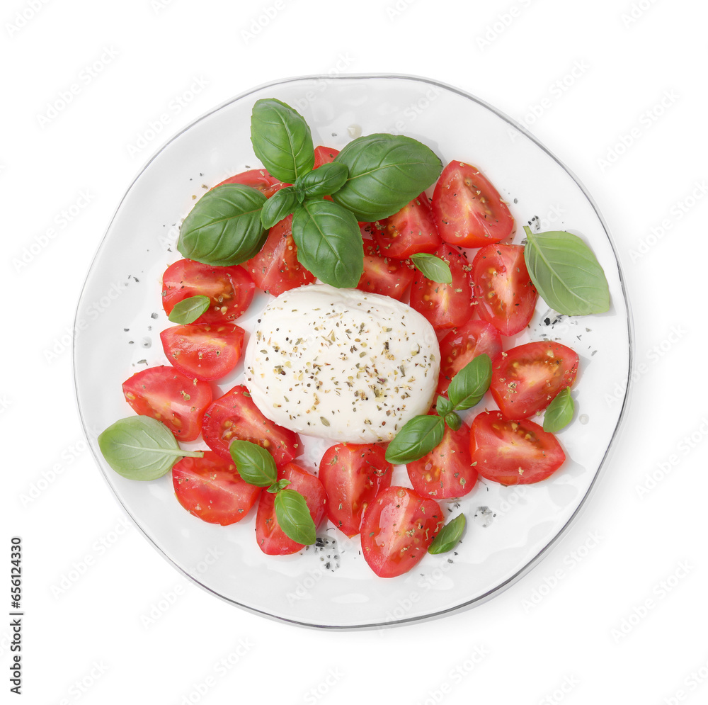 Tasty salad Caprese with mozarella, tomatoes and basil on white background, top view