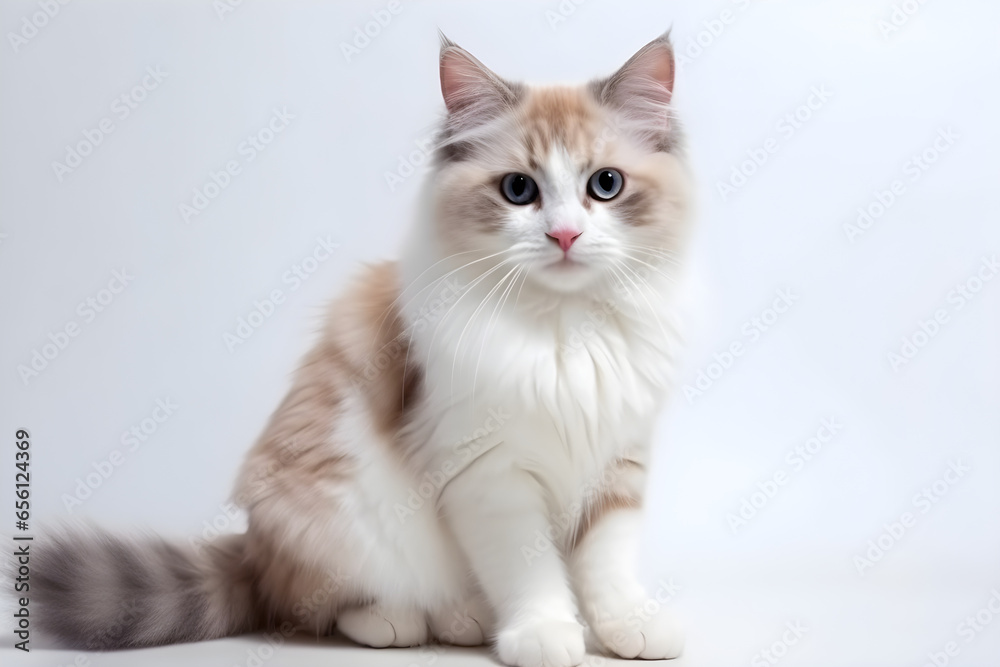 Portrait of a cute ragdoll cat lying on the floor with blue eyes looking at the camera, animals concept, close up portrait, Adopt me concept