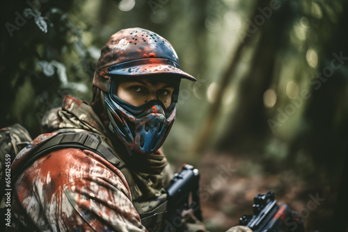 Portrait of a man paintball player in the forest. training, team building photo