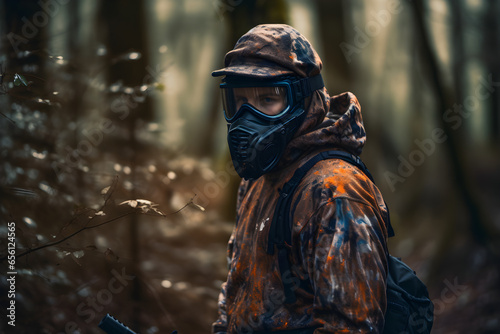 Portrait of a man paintball player in the forest. training, team building photo