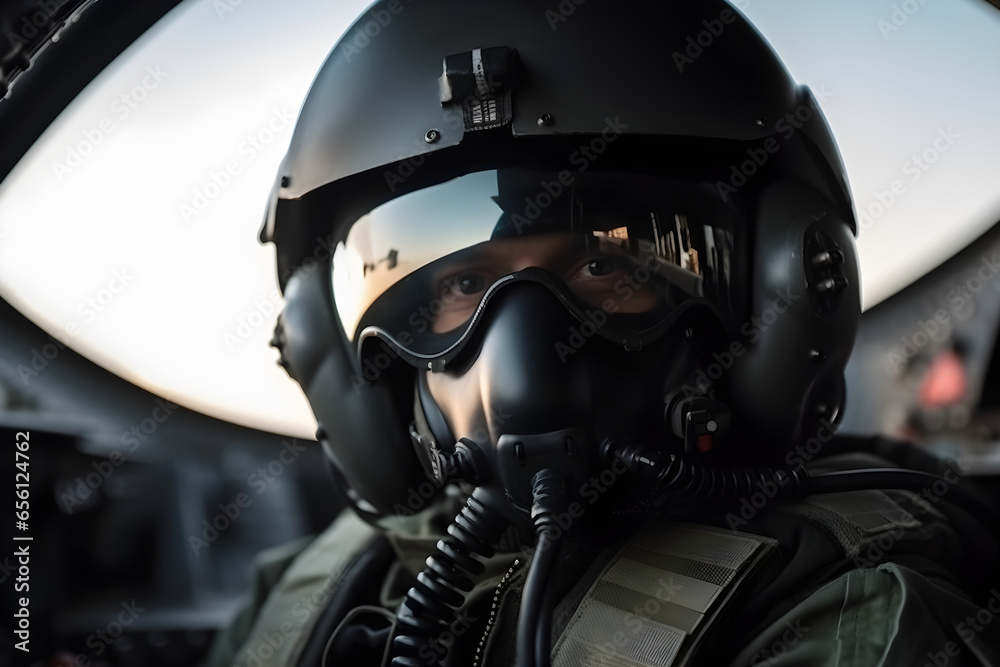 Portrait of a pilot in the helmet sits in the cockpit of a fighter aircraft. Military aircraft. Portrait of a pilot in the helmet sits in the cockpit of a fighter aircraft. Military aircraft.