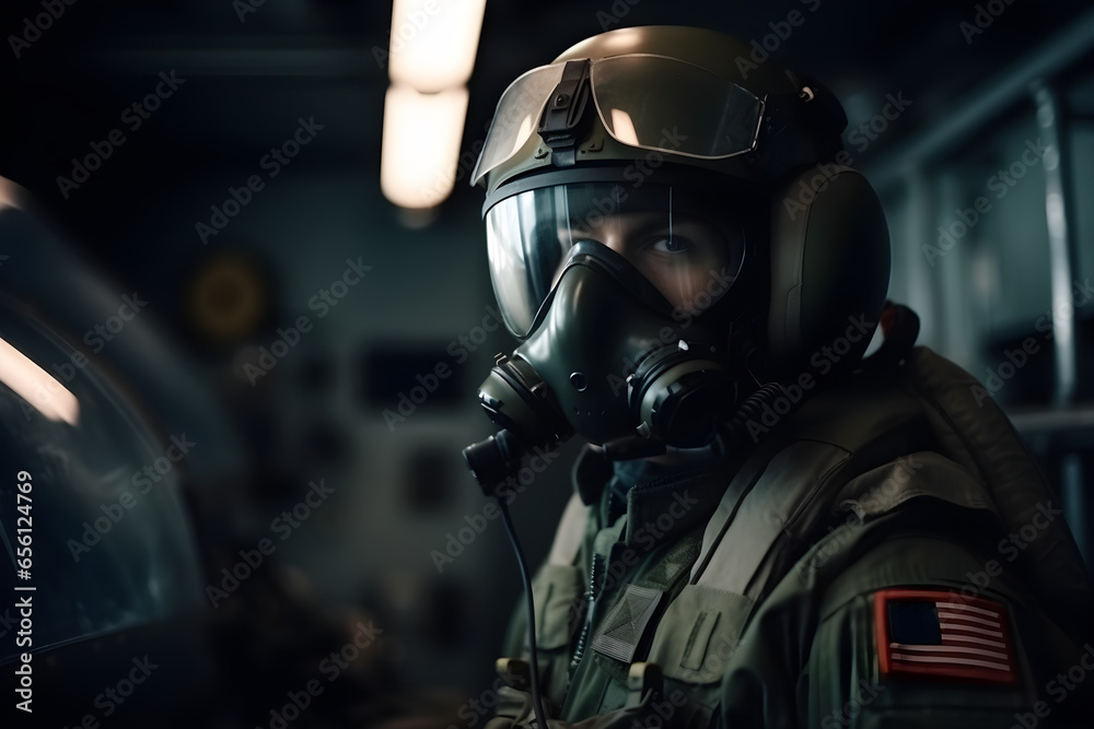 Portrait of a pilot in the helmet sits in the cockpit of a fighter aircraft. Military aircraft. Portrait of a pilot in the helmet sits in the cockpit of a fighter aircraft. Military aircraft.