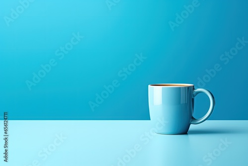Blue cup of coffee on blue background. Generative AI