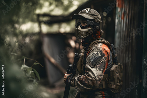 Portrait of a man paintball player in the forest. training, team building