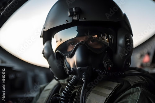 Portrait of a pilot in the helmet sits in the cockpit of a fighter aircraft. Military aircraft. photo
