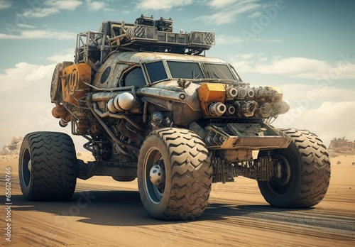 Customized and old monster car in the desert, post apocalyptic and dystopian landscape. Generative AI