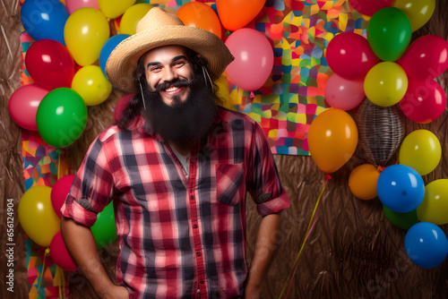 Portrait of a smiling young brazilian man wearing a straw hat. festa junina, festival concept photo